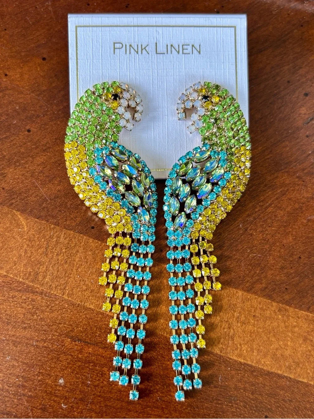 Pink Linen Tropical Parrot Rhinestone Statement Fringe Drop Earrings Summer Bird